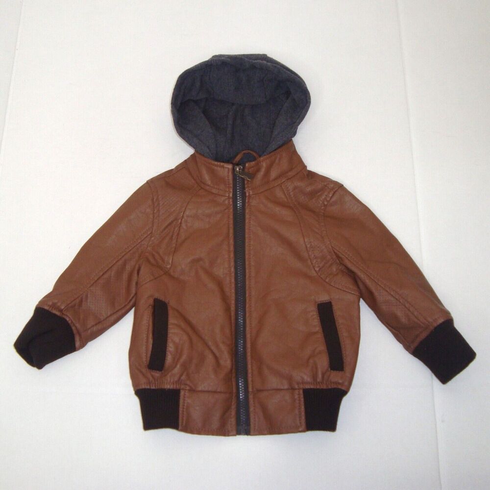 NWT URBAN REPUBLIC Brown Faux Leather Hooded Zip Up Bomber Jacket Size 2T